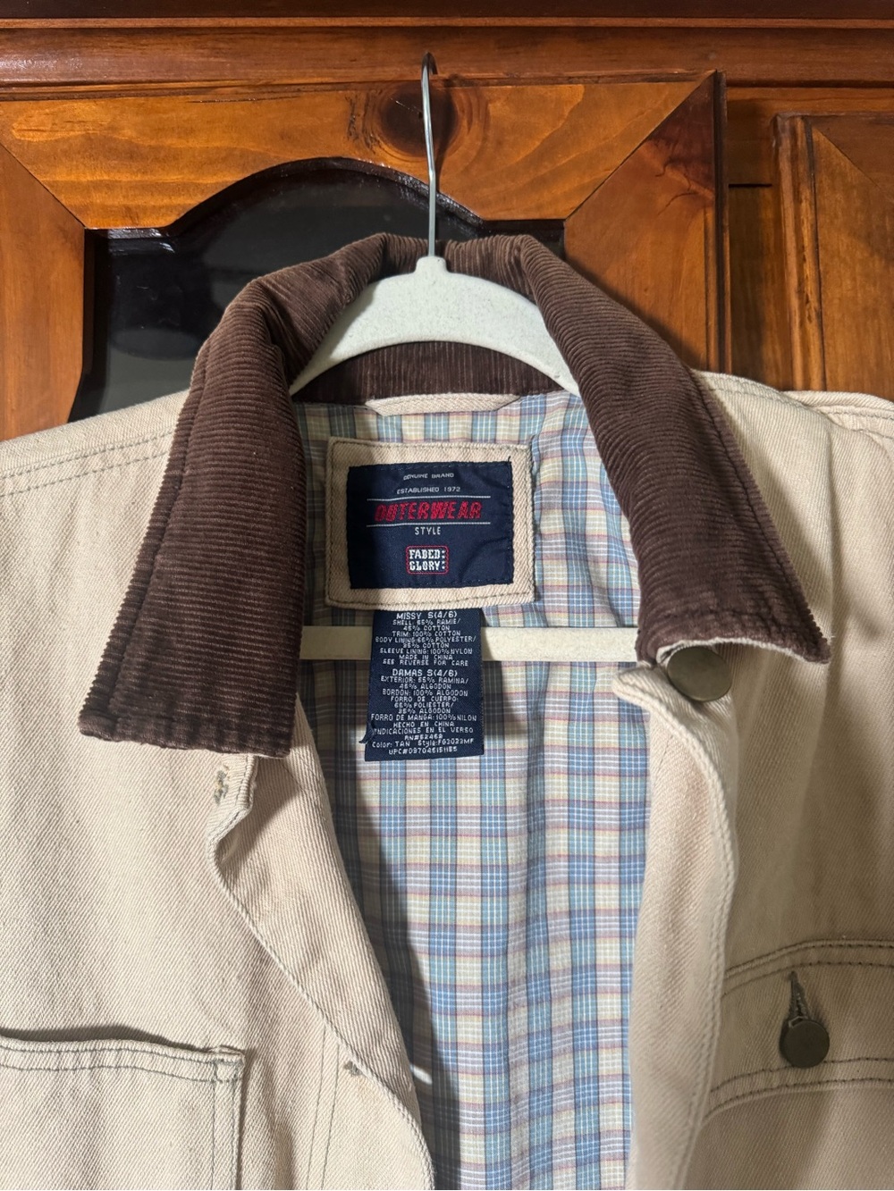 Men's Beige Workwear Jacket with Brown Corduroy Collar - Picture 5 of 5